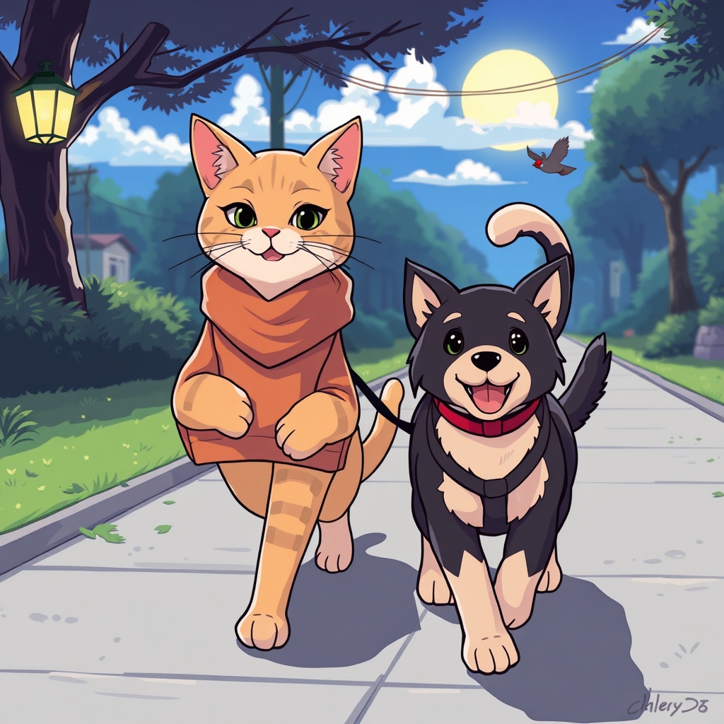 cat and dog walking