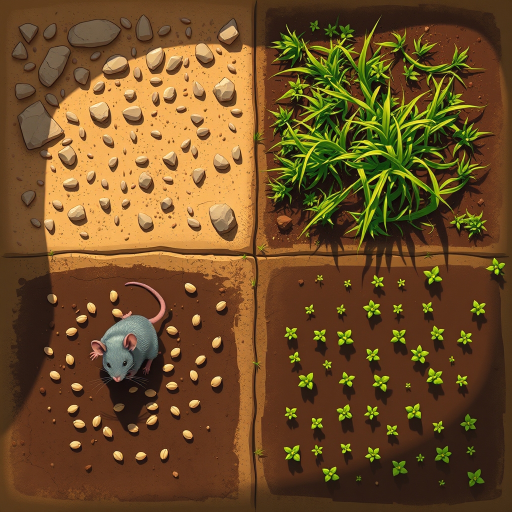 display a small sunny square plot of land from above looking