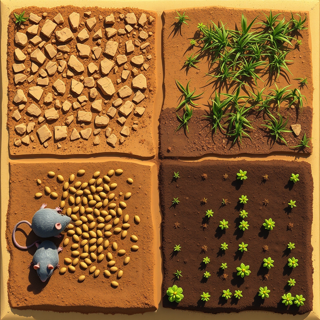 display a small sunny square plot of land from above looking