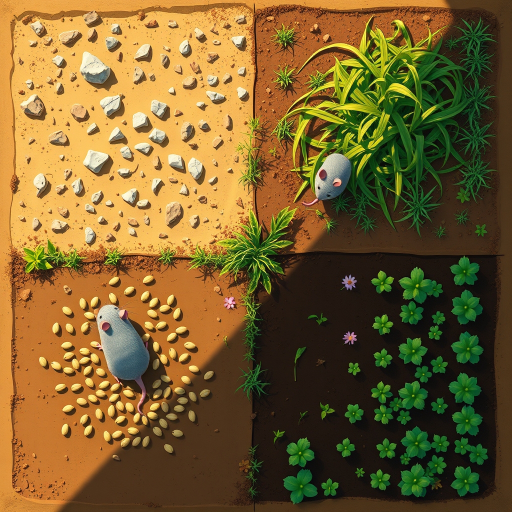 display a small sunny square plot of land from above looking