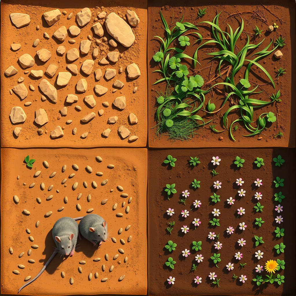 display a small sunny square plot of land from above looking