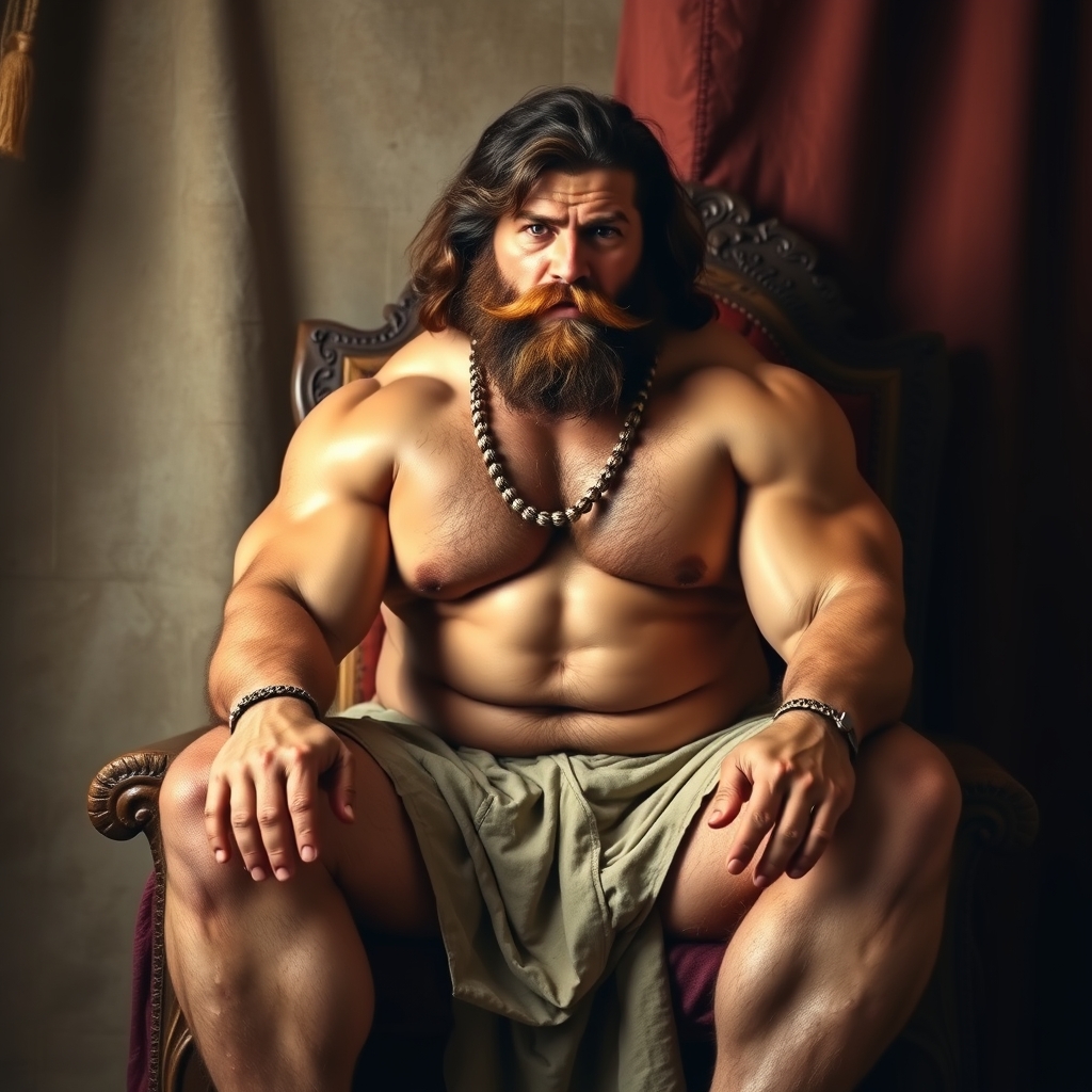 A muscular giant bare chested man sits on a thrown. He has a