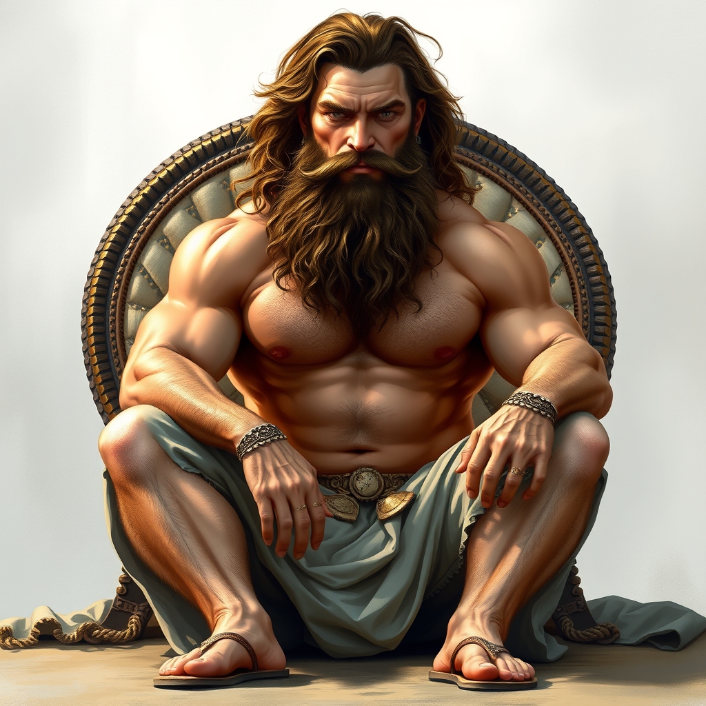 A muscular giant bare chested man sits on a thrown. He has a