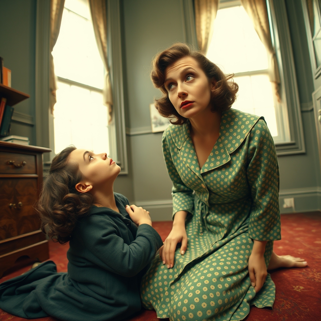 Pov looking at a 1940s woman on her knees looking up at me w