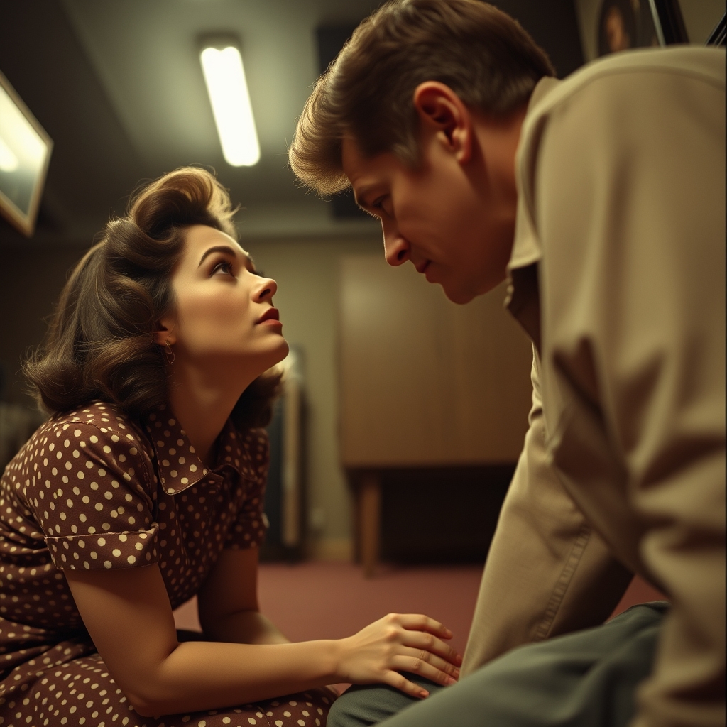 Pov looking down at at a 1940s woman on her knees in front o