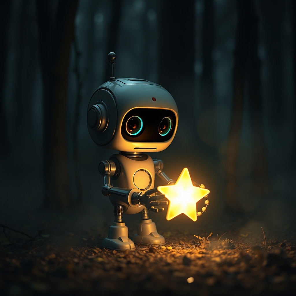 A small cute robot with big eyes is standing in a dark fores