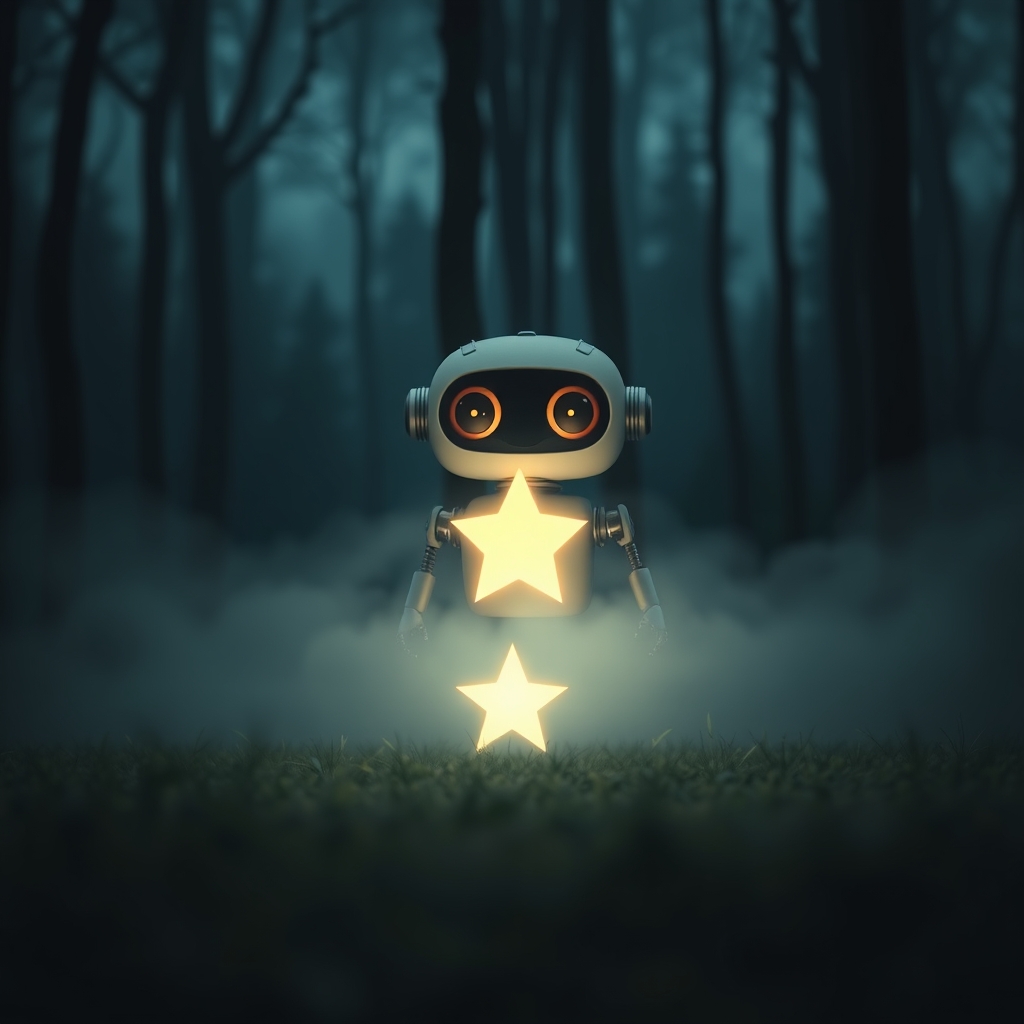 A small cute robot with big eyes is standing in a dark fores
