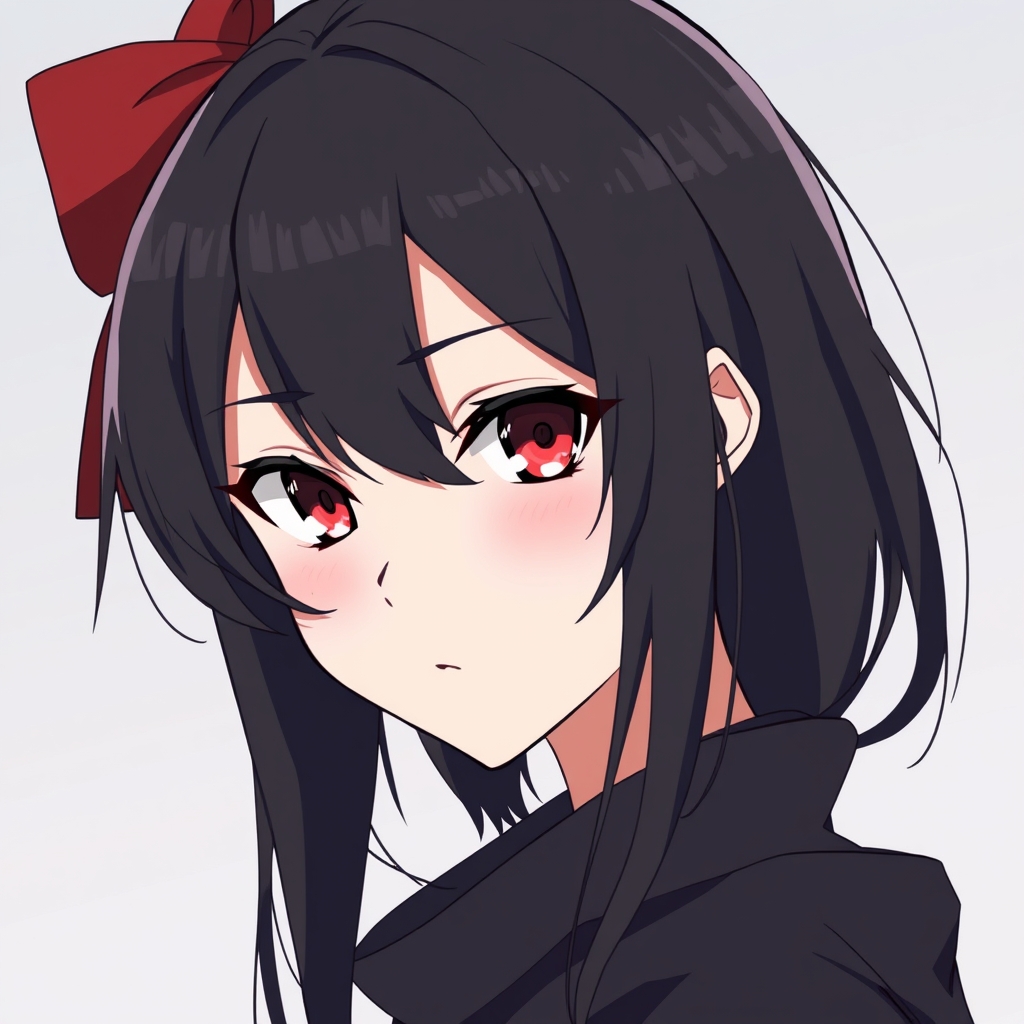 A black hair, red eyes woman.