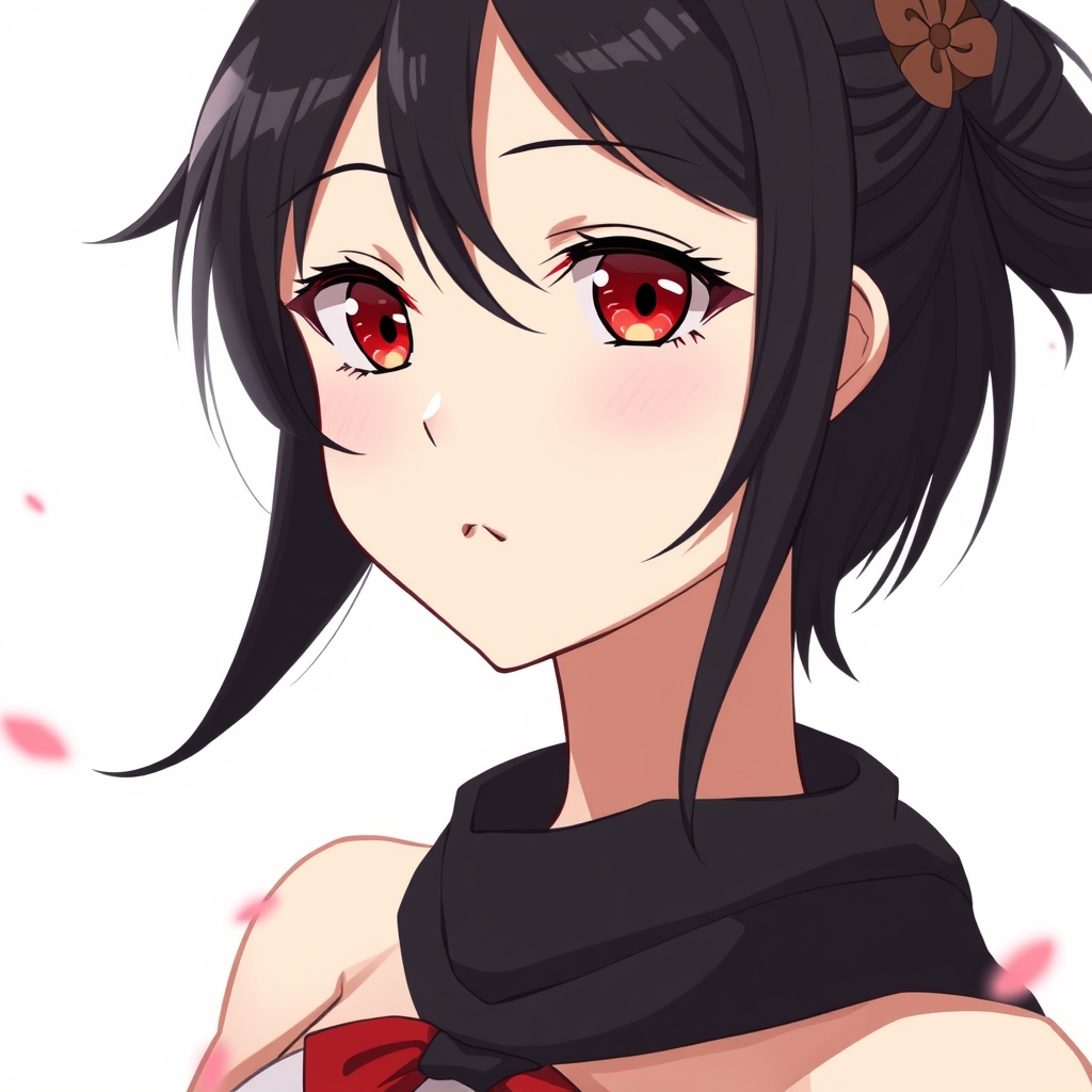 A black hair, red eyes woman.