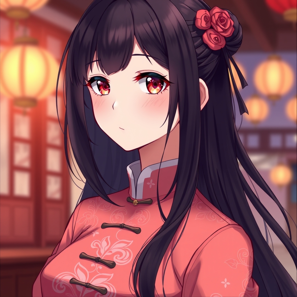 A black hair, red eyes woman wearing Cheongsam.