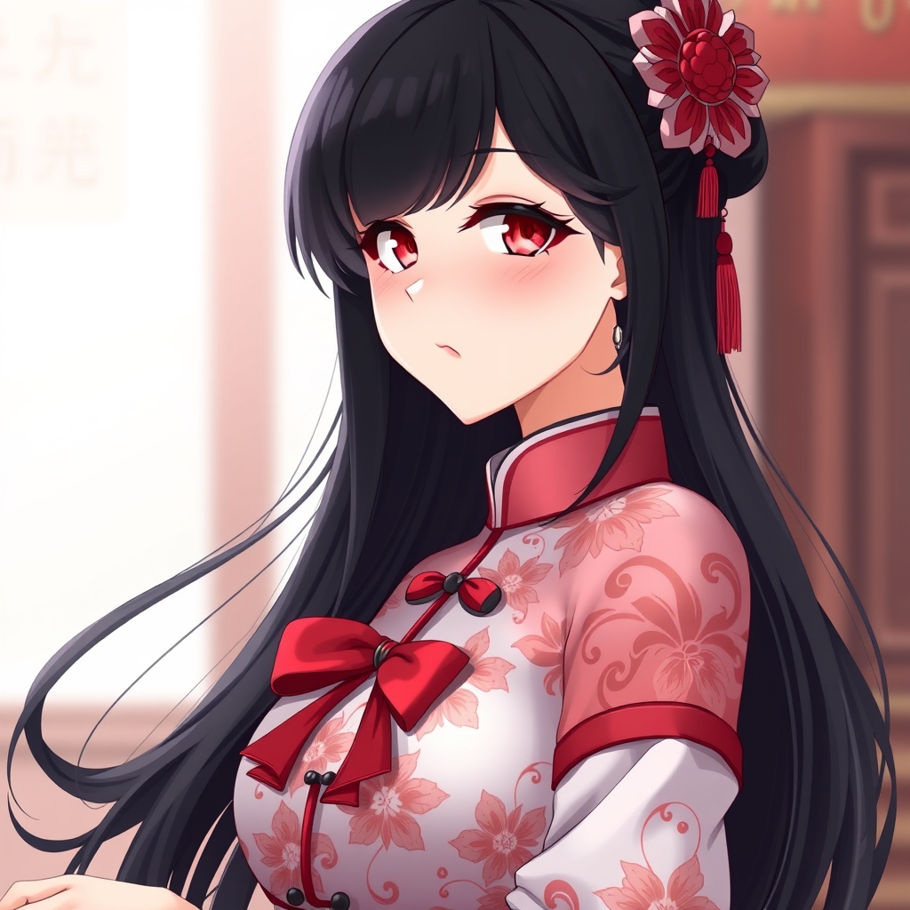 A black hair, red eyes woman with huge breasts wearing Cheon