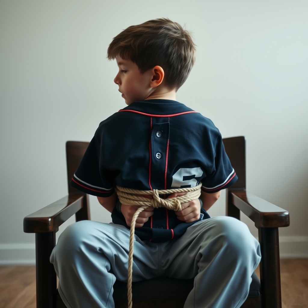 A young boy, nine years old, sits on a chair in a room.  He 