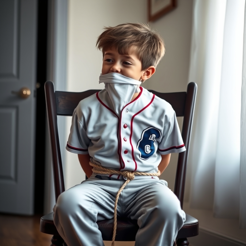 A young boy, nine years old, sits on a chair in a room.  He 