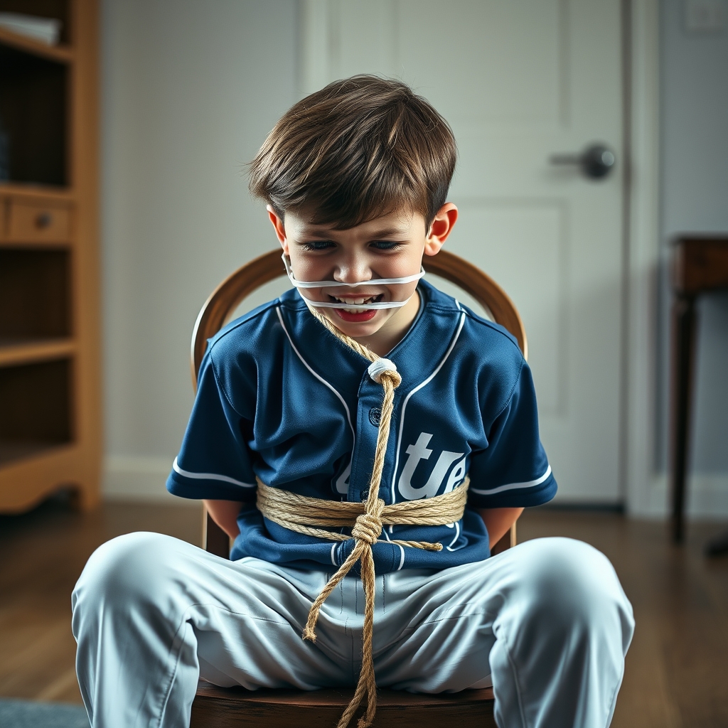 A young boy, nine years old, sits on a chair in a room.  He 