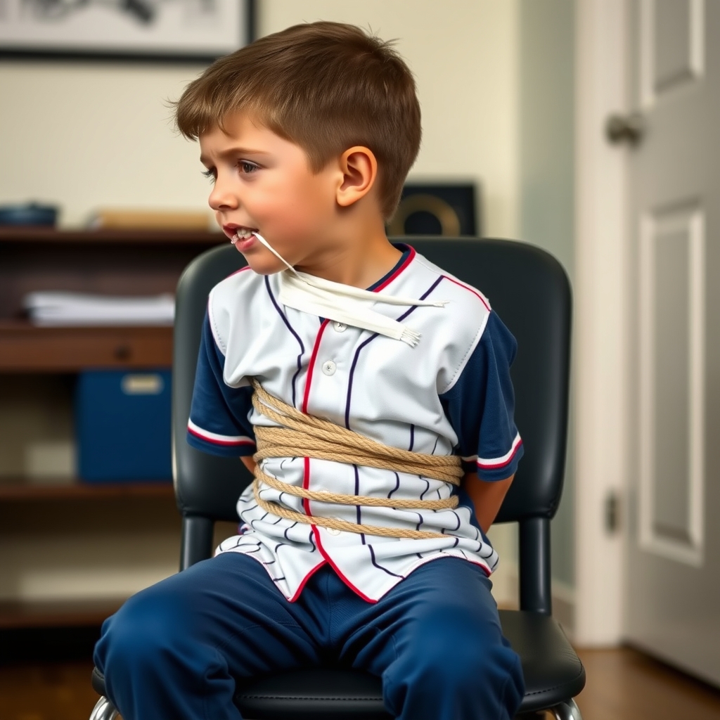 A young boy, nine years old, sits on a chair in a room.  He 