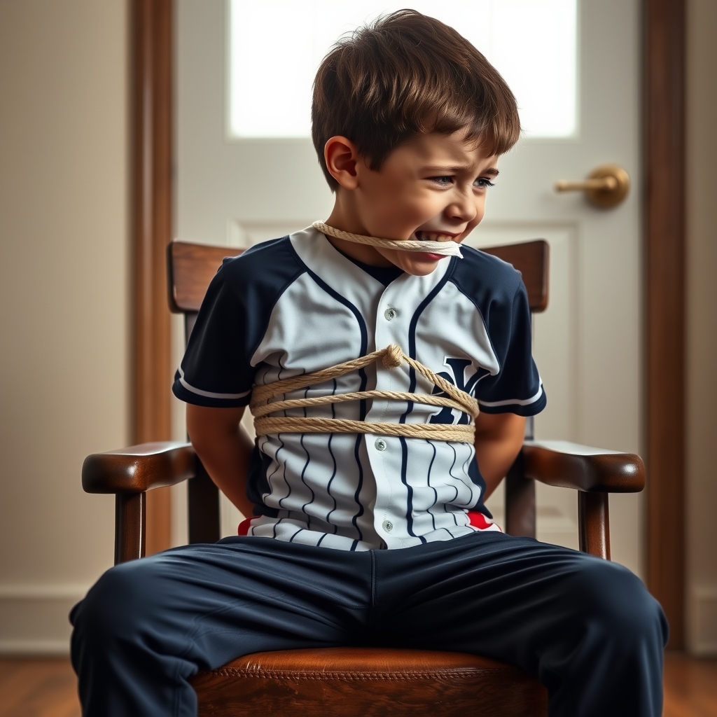A young boy, nine years old, sits on a chair in a room.  He 