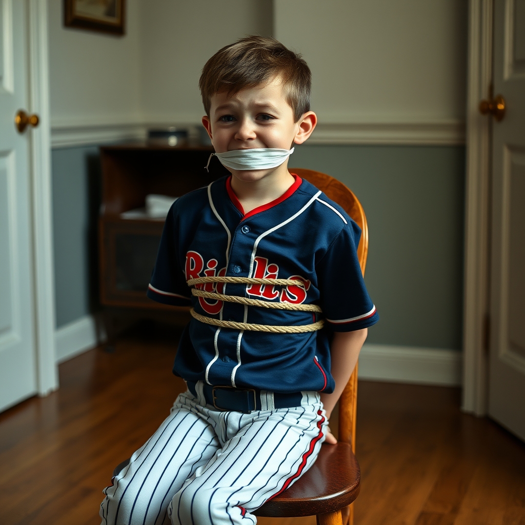 A young boy, nine years old, sits on a chair in a room.  He 