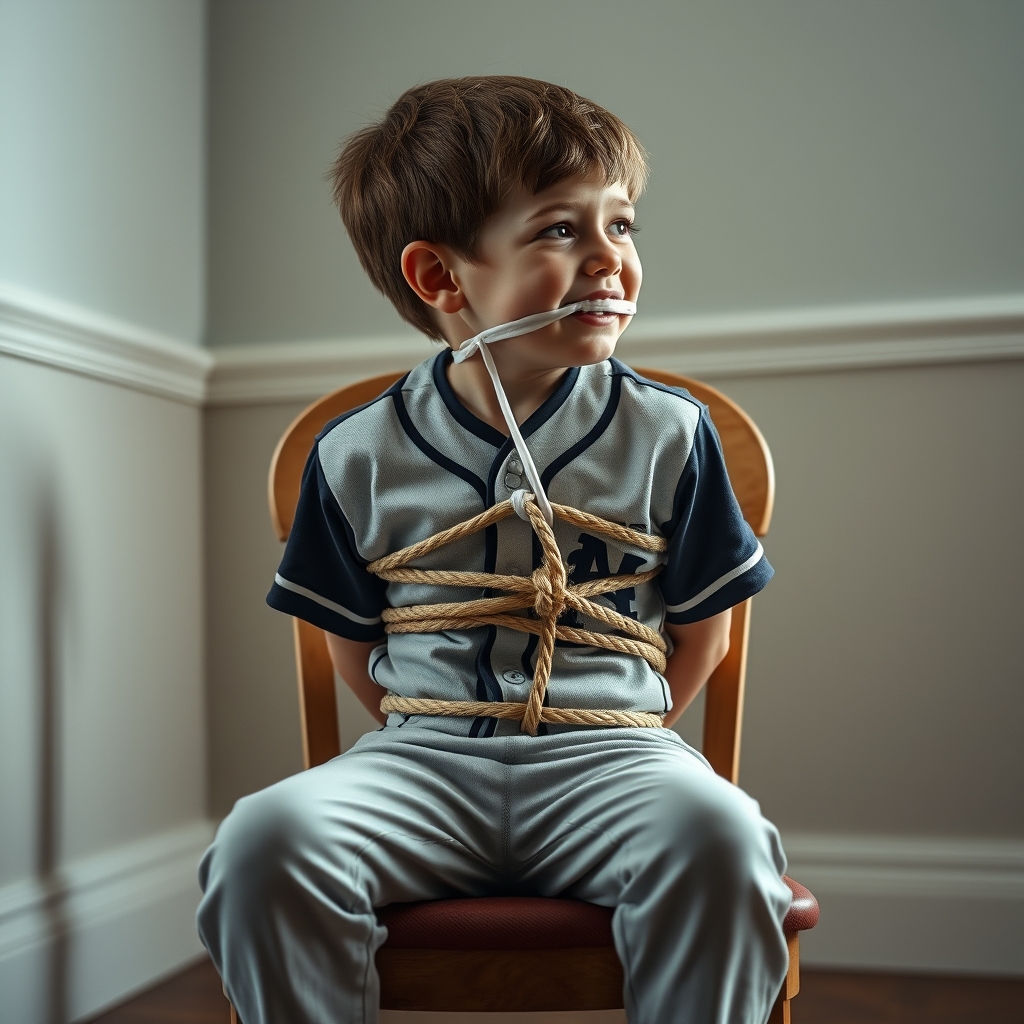 A young boy, nine years old, sits on a chair in a room.  He 