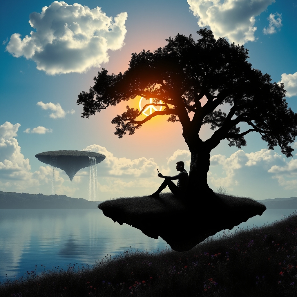 beautiful fantasy map of silhouette of a man sitting under a