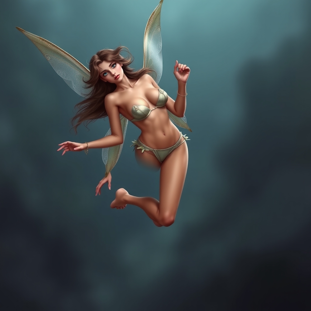 A sexy, buxom female pixie, hovering in the air, wearing sca