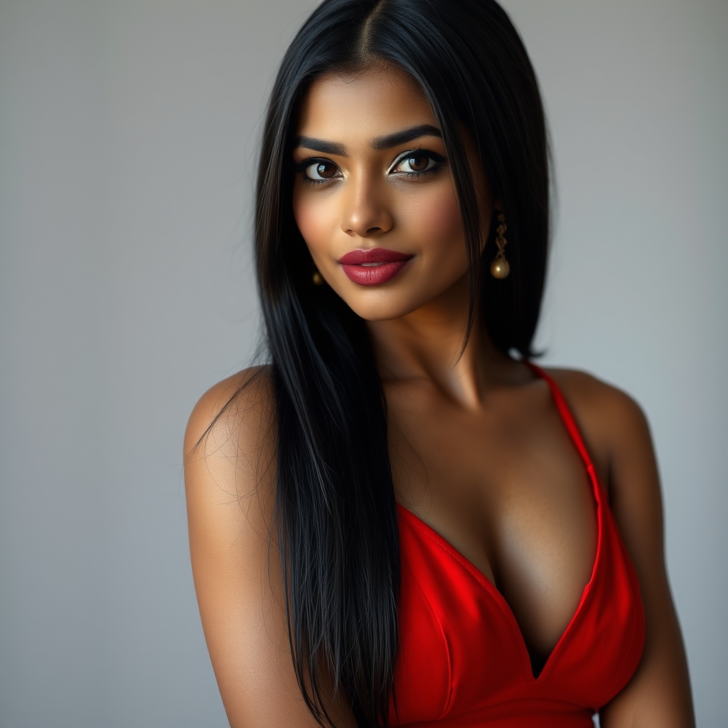 A glamorous Marathi Indian girl in a red deep-neck one-piece