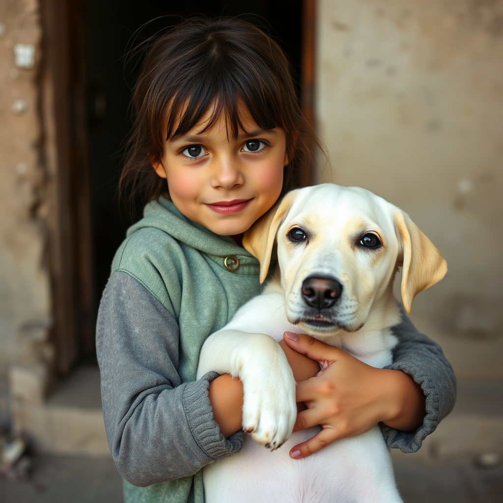A ragged little foreign girl with a white labrador in her ar