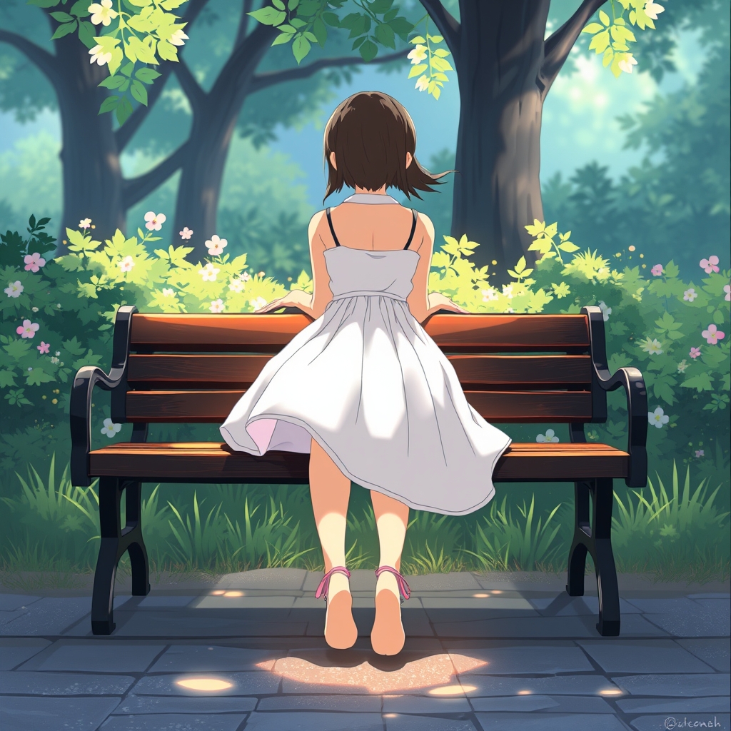 A girl sitting on bench, having white skirt,  view from in f