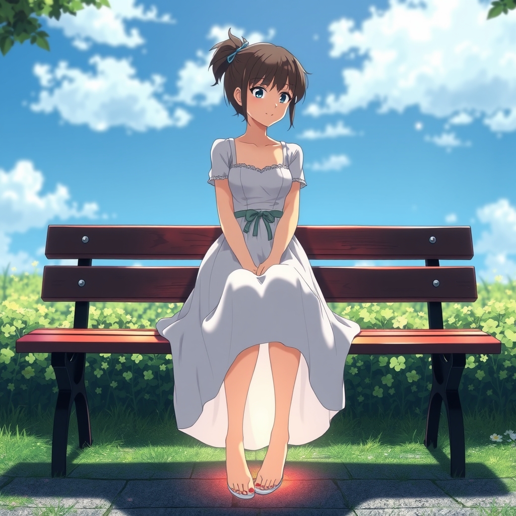 A girl sitting on bench, having white skirt,  view from in f