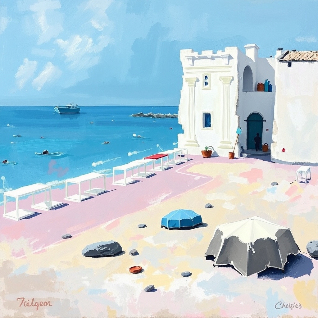 Pastel colour abstract beach in greece oil painting old