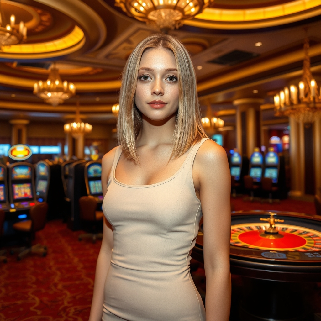 A photograph of a young blonde woman standing in a luxurious