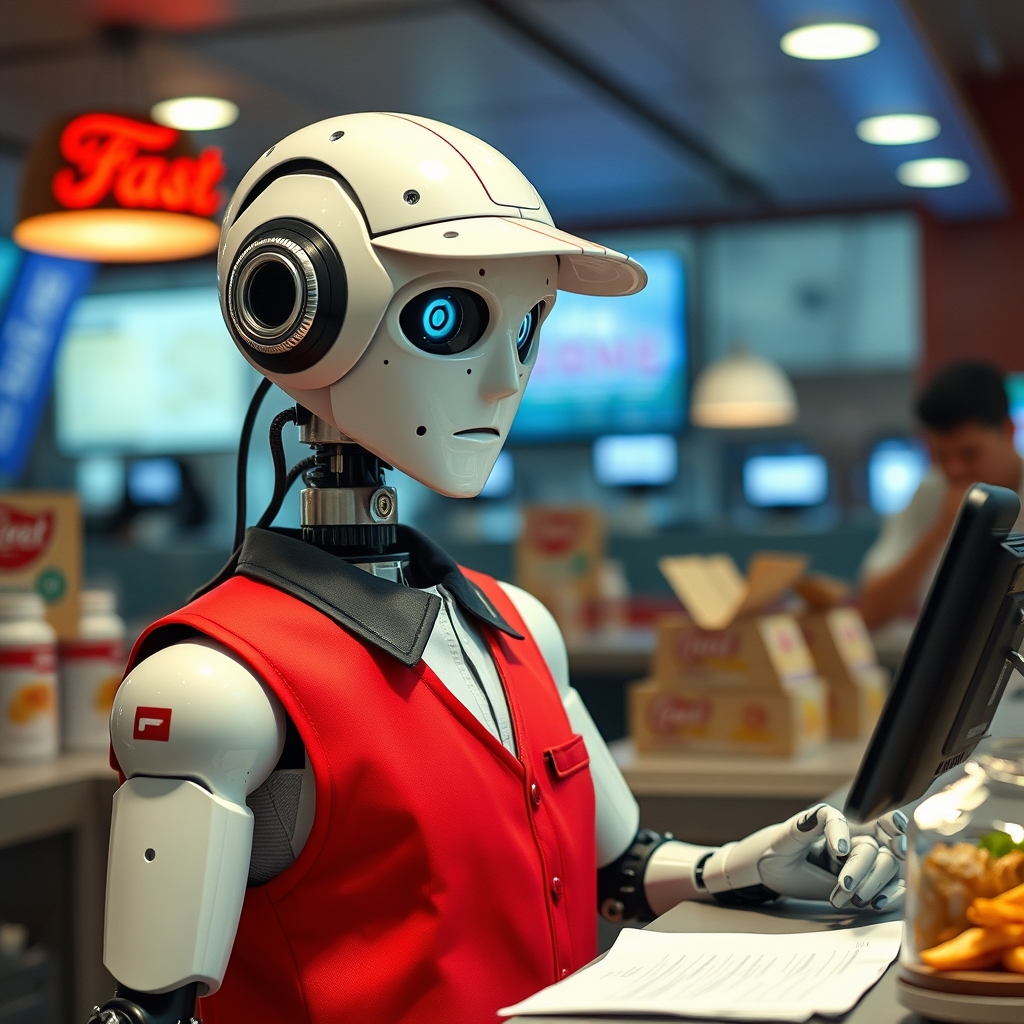 robot wearing an employee uniform and working at fast restua