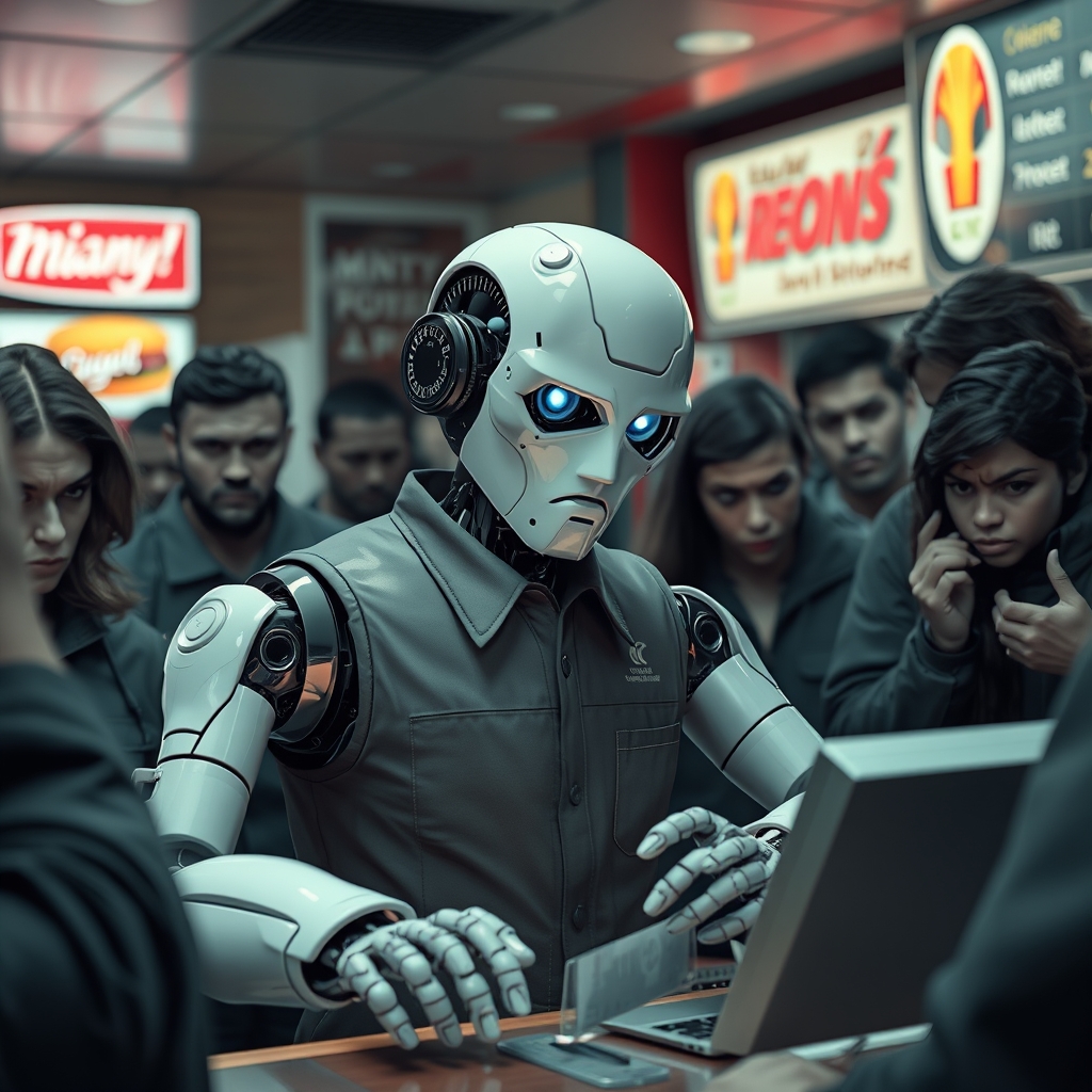 robot wearing an employee uniform and working at fast food r