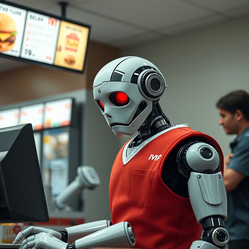 robot wearing an employee uniform and working at fast food r