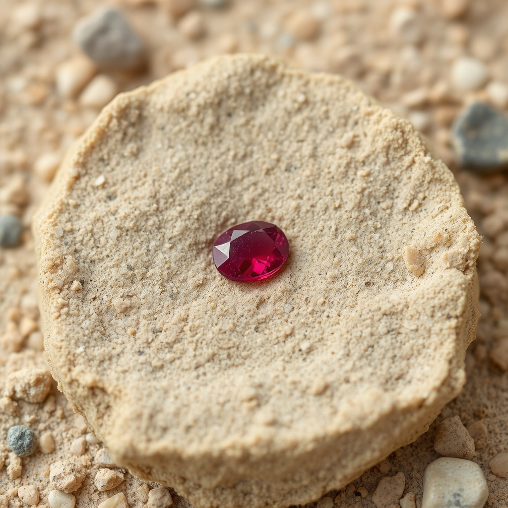 small oval red rough ruby embedded in sand, not polished but