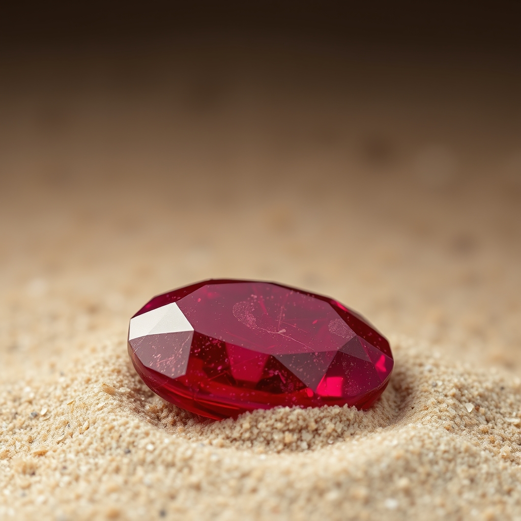 small oval red rough ruby embedded in sand, not polished but