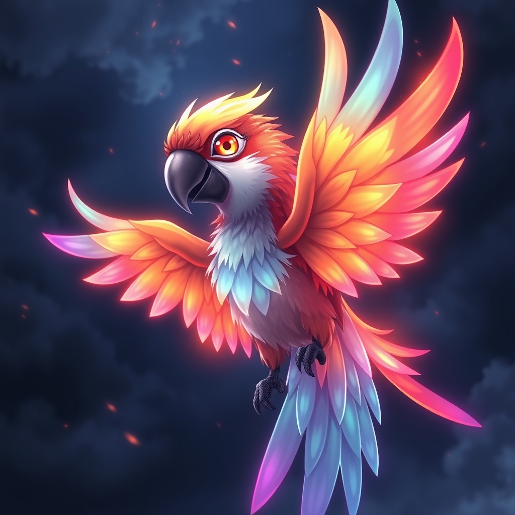 magical parrot with luminous multi-colored feathers and fire