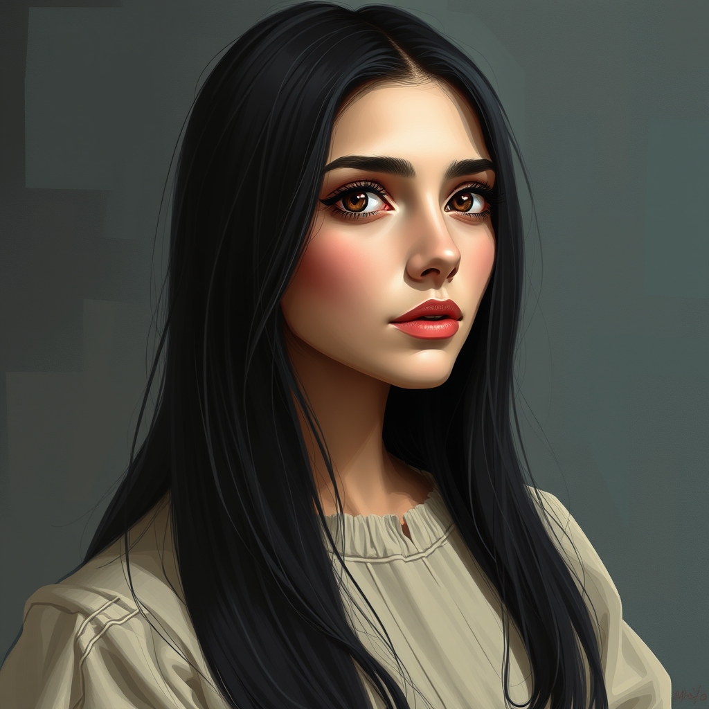 digital art, turkish woman, 40 years old, straight black hai