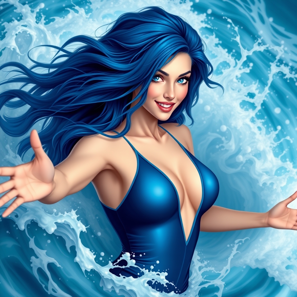 A beautiful ocean goddess with long, thick royal-blue hair, 