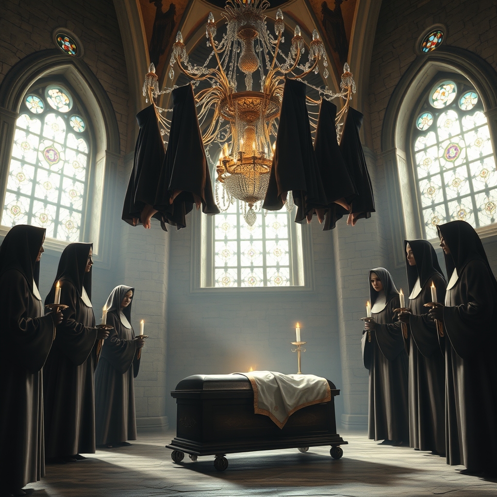 The room is bathed in a soft, ethereal light filtering throu