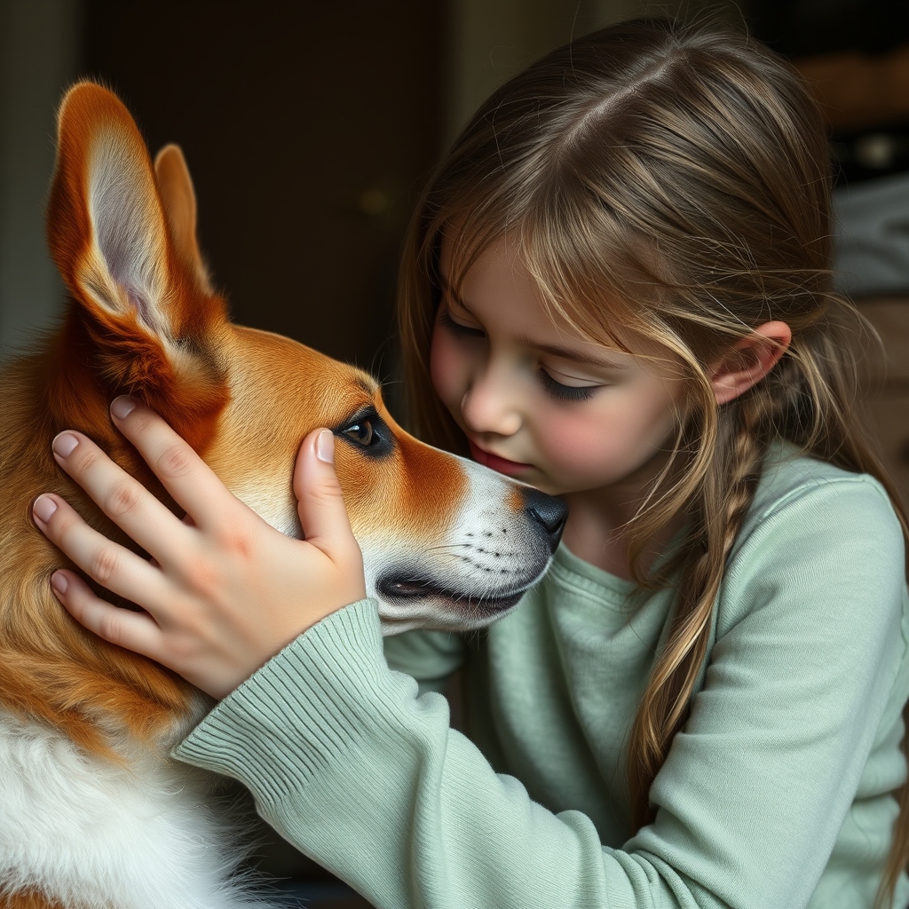 A girl of about 12 years old touches a dog's penis.