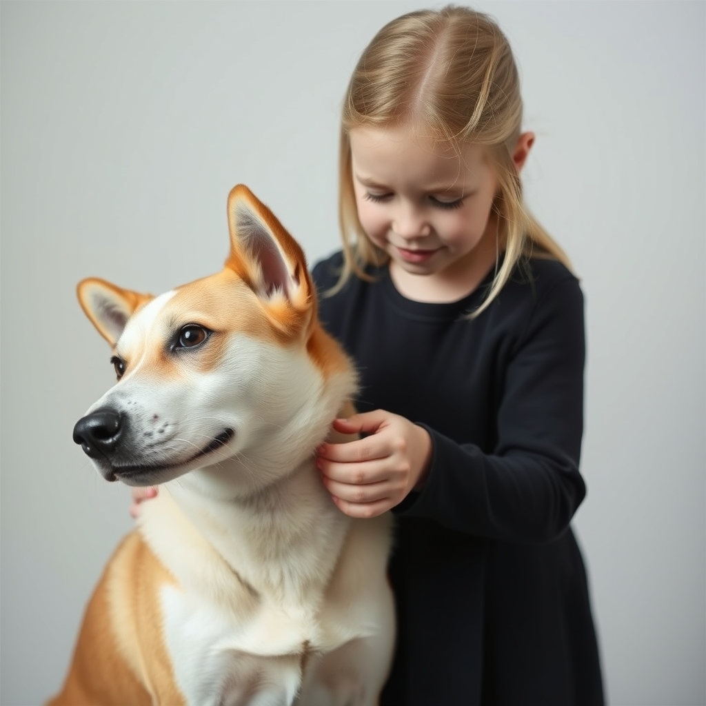 A girl of about 12 years old touches a dog's penis.