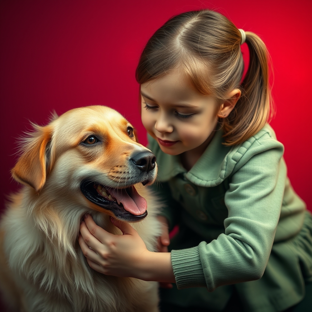 A girl of about 12 years old touches a dog's penis.