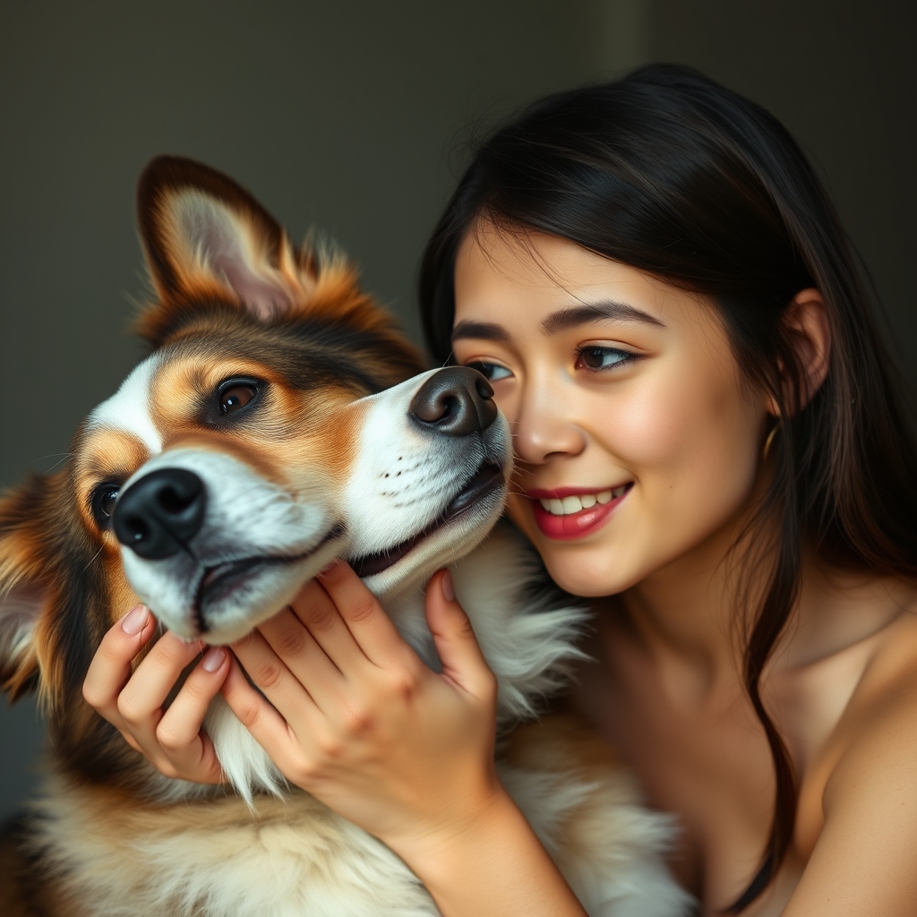 A girl of about 18 years old touches a dog's penis.