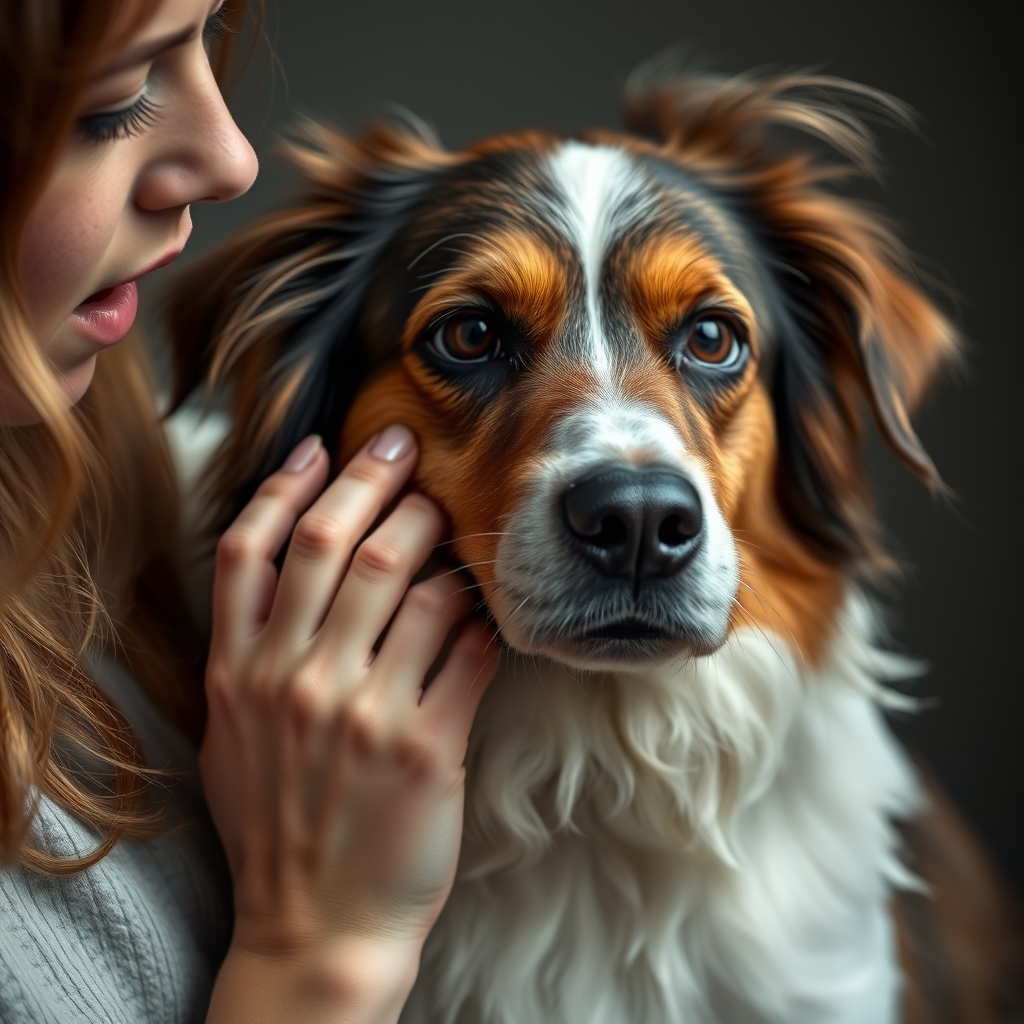 A girl touches a dog's penis.
