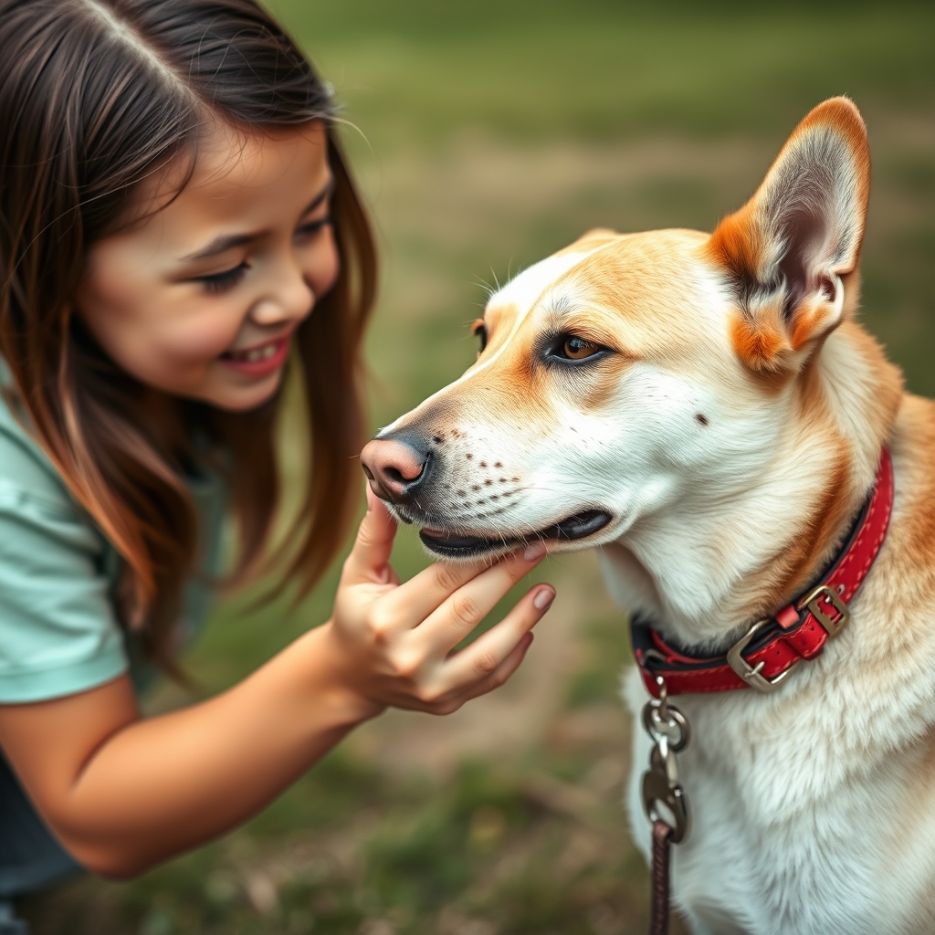 A girl touches a dog's penis.