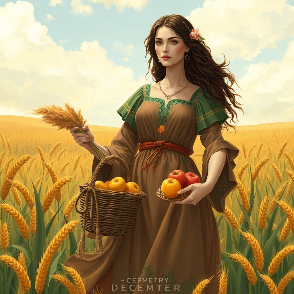 Demeter surrounded by fields of wheat, wearing an earthy bro