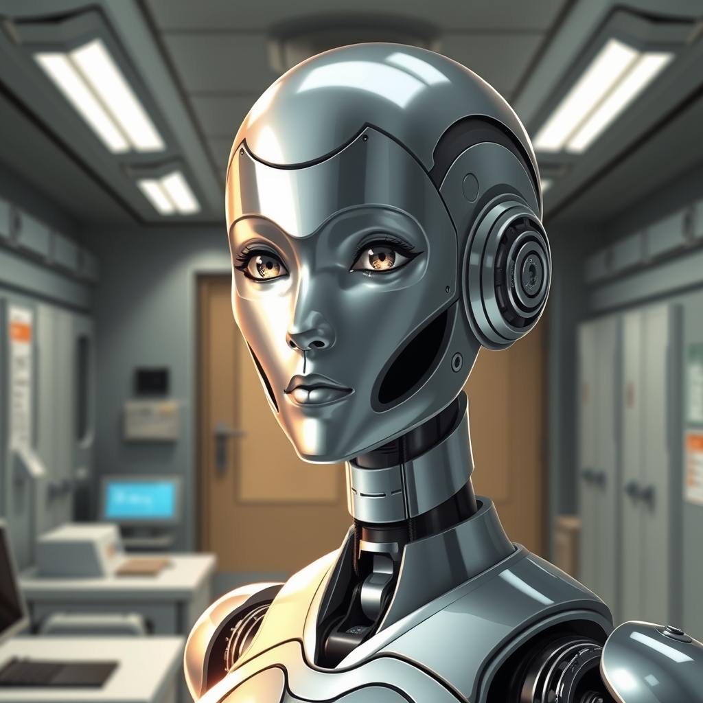 A female droid in a star wars style designed to look ascetic