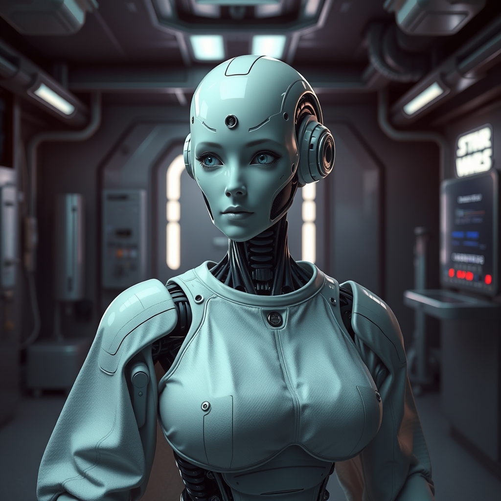 A female droid in a medical room inside a slave processing c