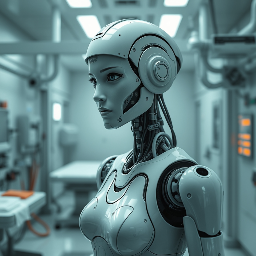 A female droid in a medical room inside a slave processing c