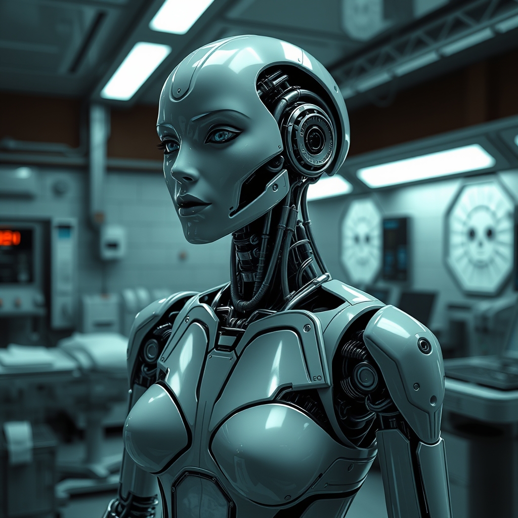 A female droid in a medical room inside a slave processing c